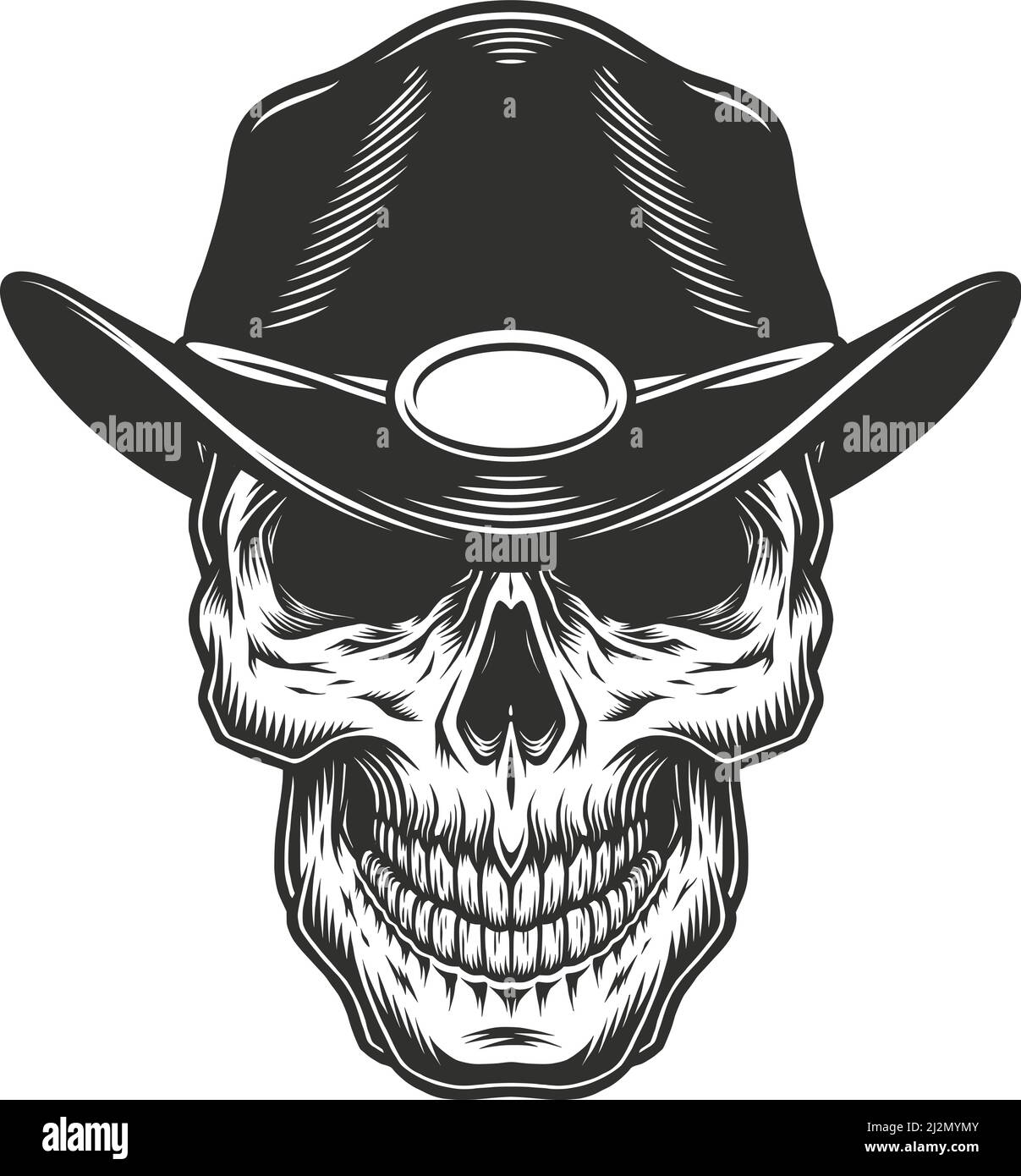 Monochrome vintage skull in sheriff hat. Vector illustration Stock