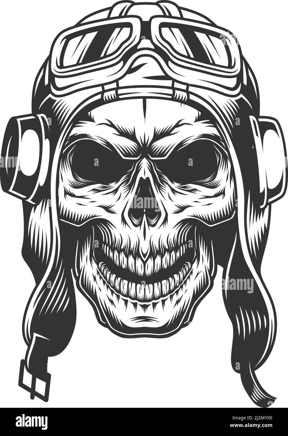 Skull in the pilot helmet. Vintage vector illlustration Stock Vector