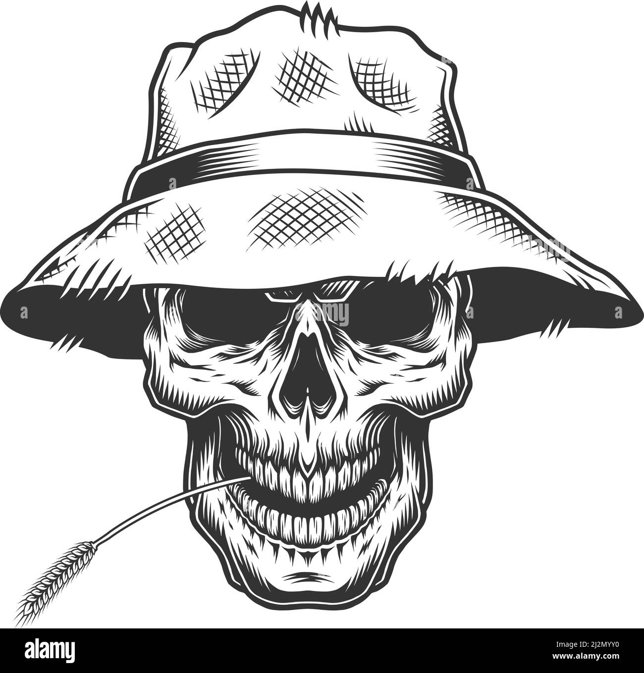 Skull in the straw hat. Vector vintage illustration Stock Vector Image