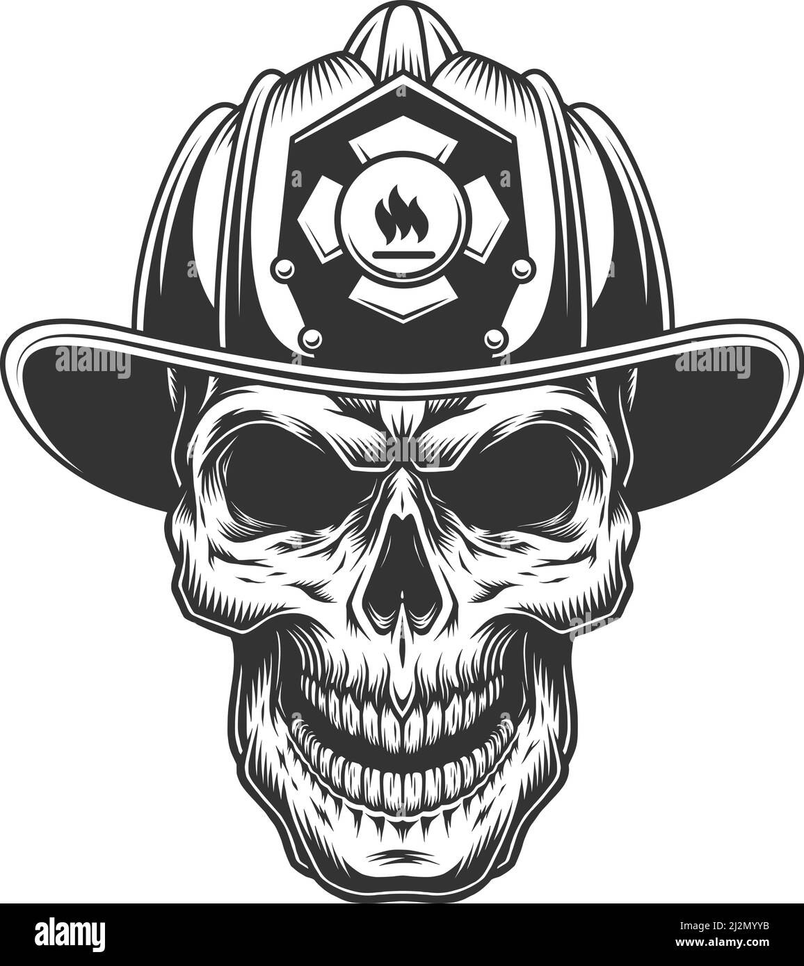 Skull in the firefighter helmet. Vector vintage illustration Stock Vector