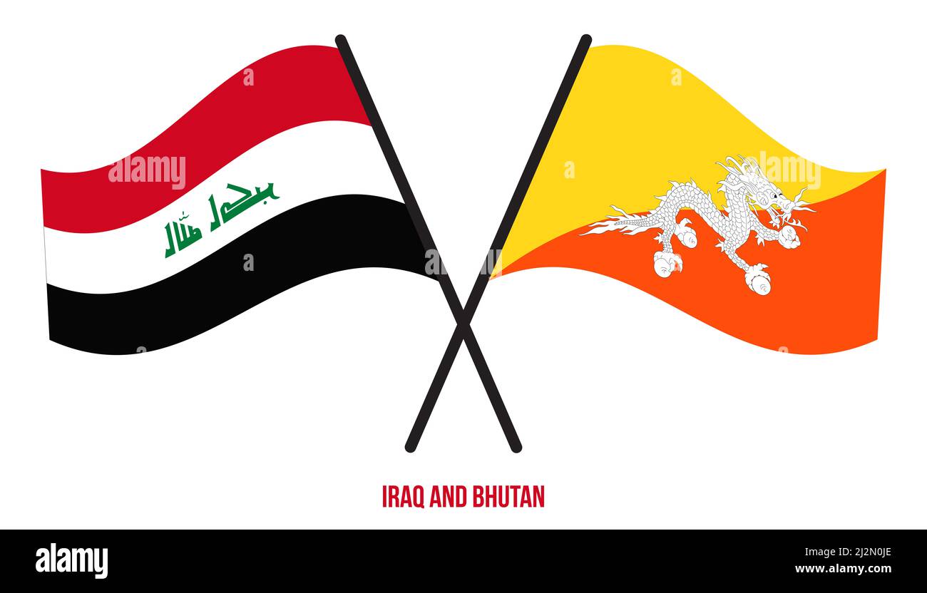 Iraq and Bhutan Flags Crossed And Waving Flat Style. Official Proportion. Correct Colors. Stock Photo