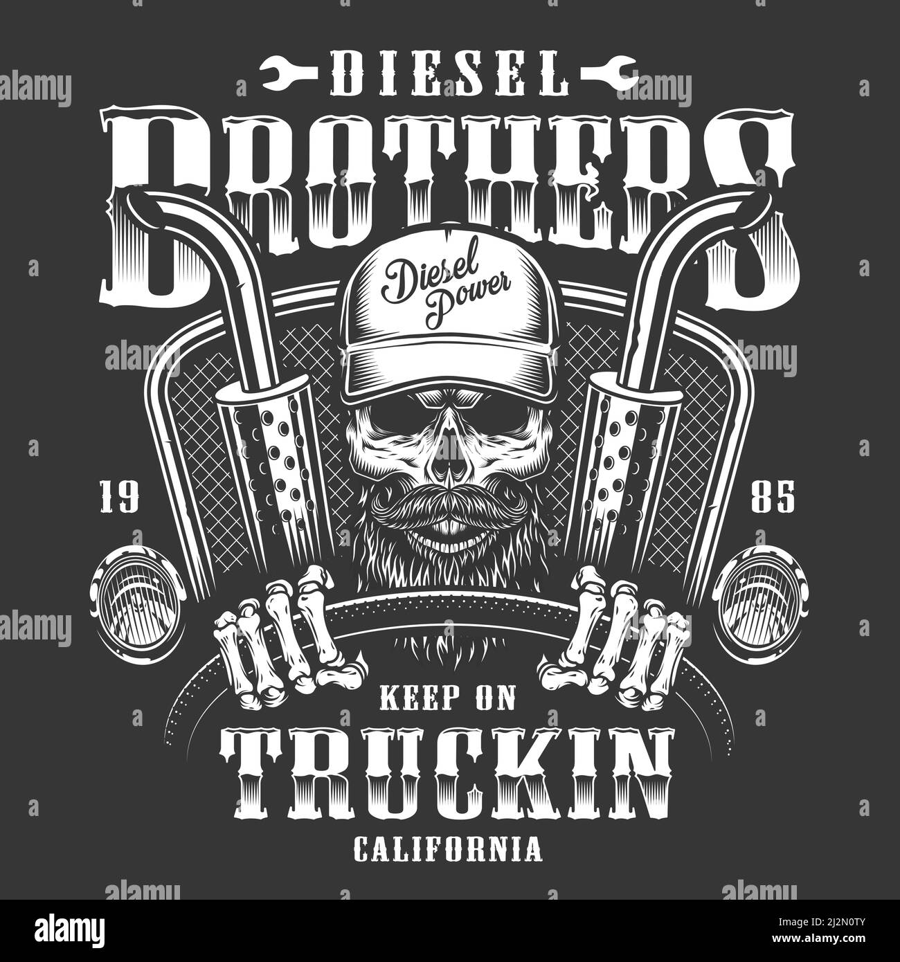 Skull trucker print on t-shirt. Vector illustration Stock Vector