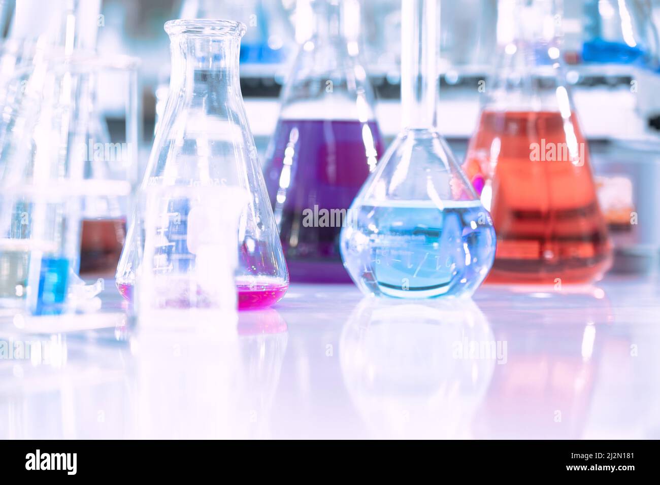 glass flask in chemical science education laboratory with molecular ...