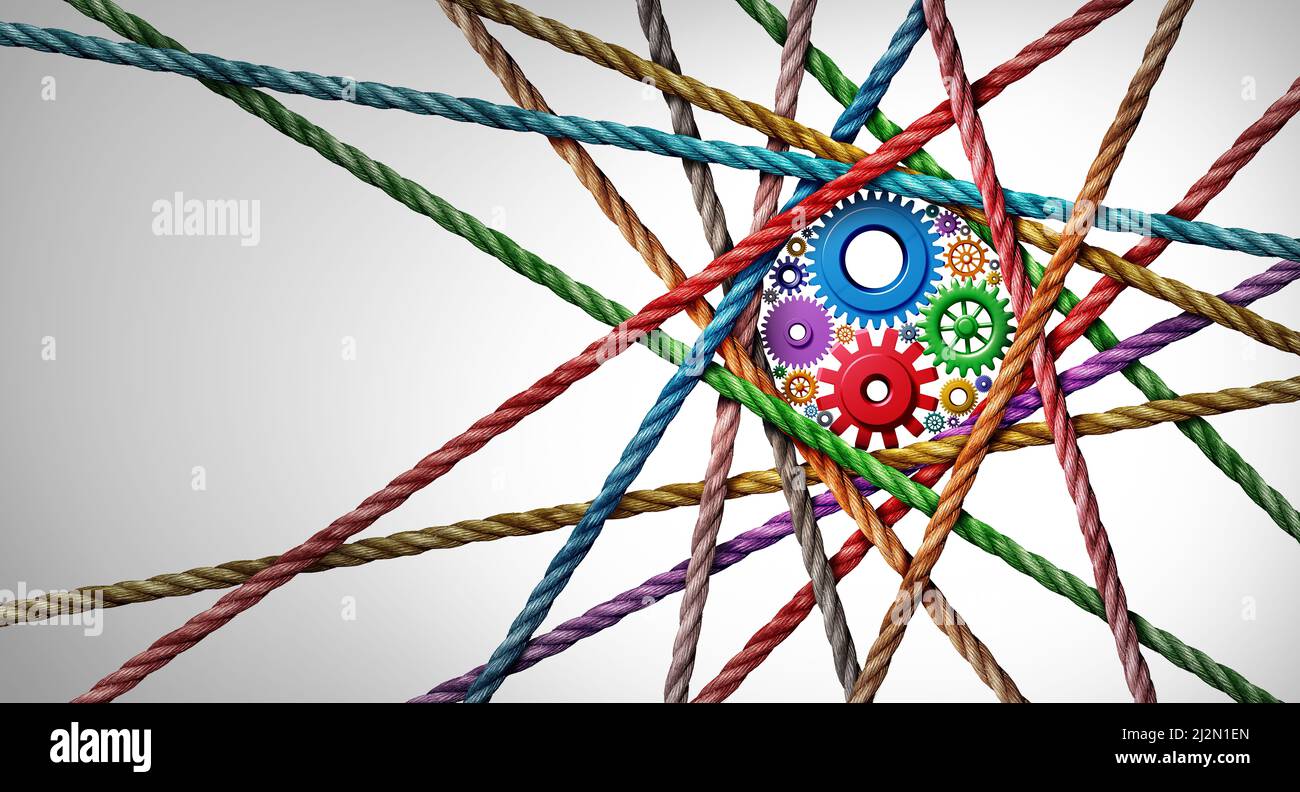 Diverse business connection and connected diversity as a central circle shaped group of ropes creating a centralized circular gear machine. Stock Photo