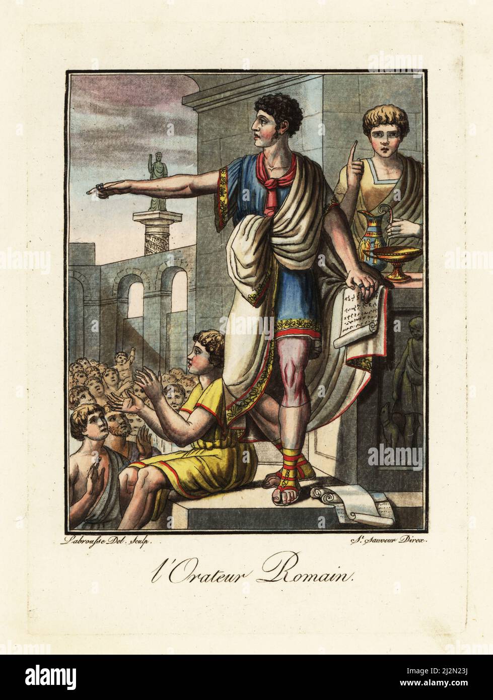An orator speaking to a crowd in a forum, ancient Rome. The speaker is attended by a clerk accensus or scribe librarius. L'Orateur Romain. Handcoloured copperplate drawn and engraved by L. Labrousse, artist of Bordeaux, under the direction of Jacques Grasset de Saint-Sauveur from his L’antique Rome, ou description historique et pittoresque, Ancient Rome, or historical and picturesque description, Chez Deroy, Paris, 1796. Stock Photo