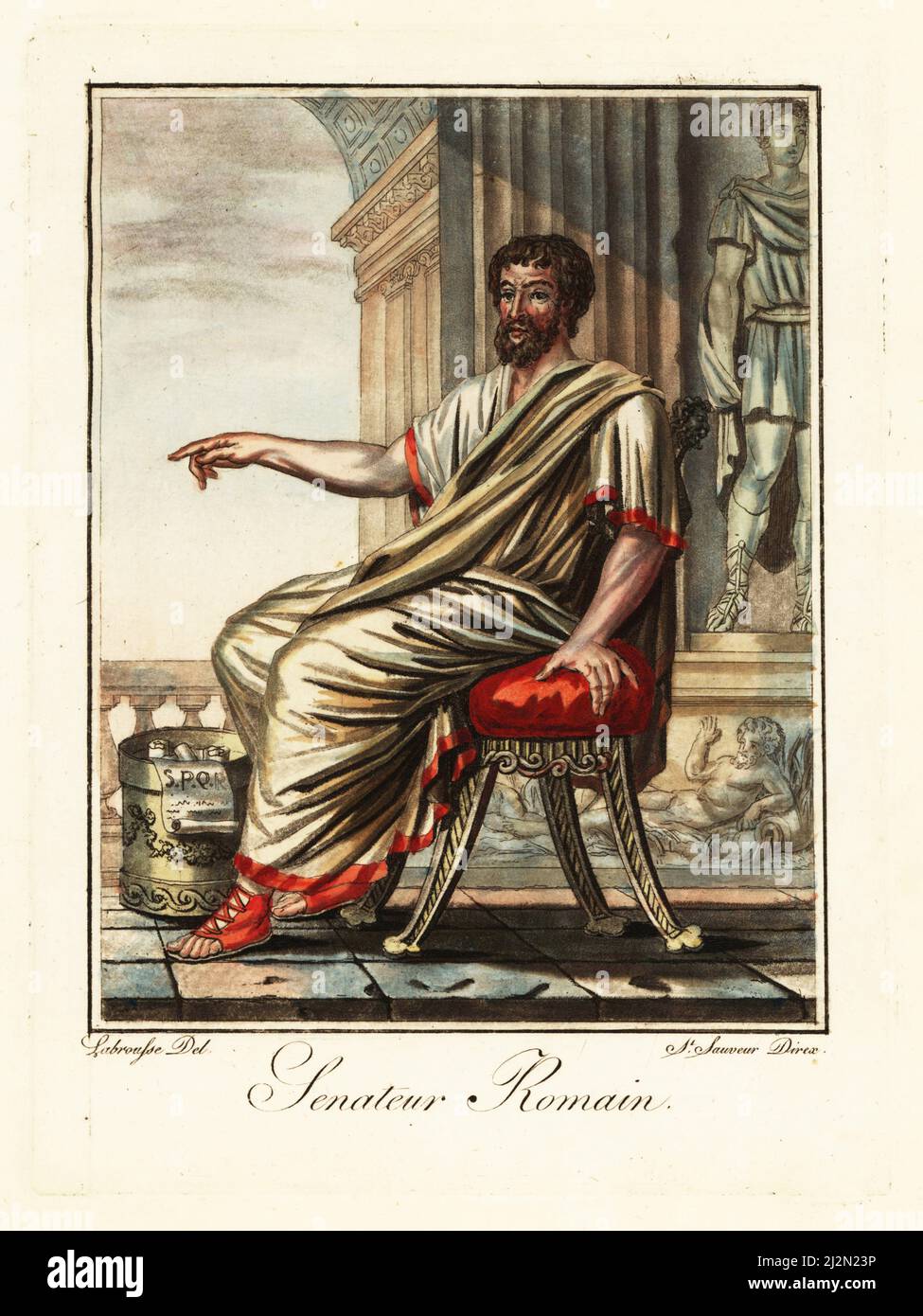 Roman senator seated on a chair, ancient Rome. In white toga with maroon sandals in the Curia Julia or senate house. Senateur Romain. Handcoloured copperplate drawn and engraved by L. Labrousse, artist of Bordeaux, under the direction of Jacques Grasset de Saint-Sauveur from his L’antique Rome, ou description historique et pittoresque, Ancient Rome, or historical and picturesque description, Chez Deroy, Paris, 1796. Stock Photo