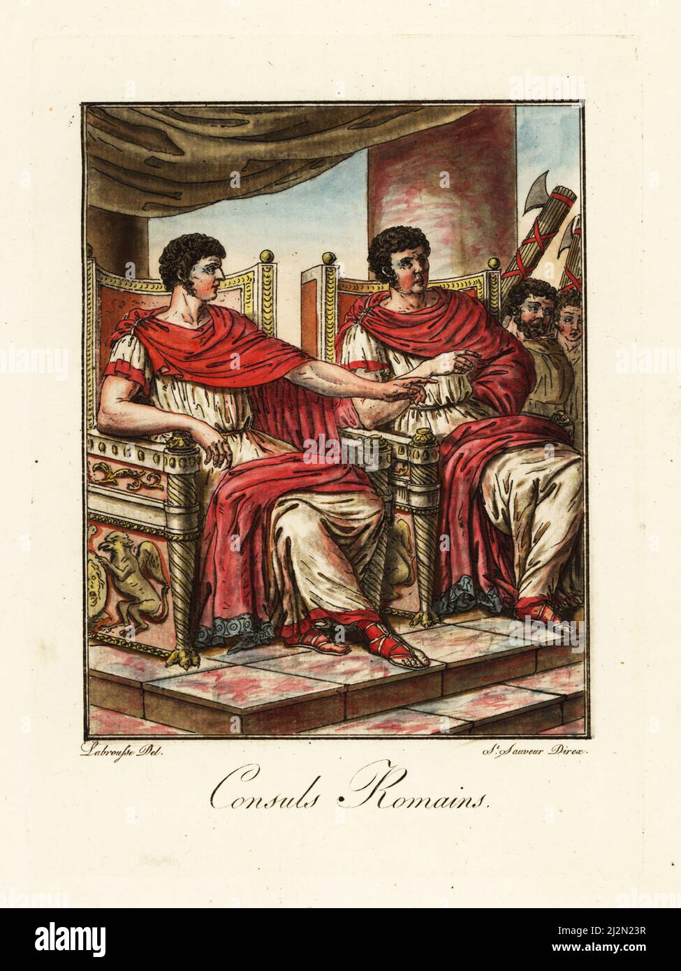 Two Roman consuls seated on thrones in ancient Rome. They wear purple-bordered toga praetexta and are attended by lictors with fasces. Consuls Romains. Handcoloured copperplate drawn and engraved by L. Labrousse, artist of Bordeaux, under the direction of Jacques Grasset de Saint-Sauveur from his L’antique Rome, ou description historique et pittoresque, Ancient Rome, or historical and picturesque description, Chez Deroy, Paris, 1796. Stock Photo