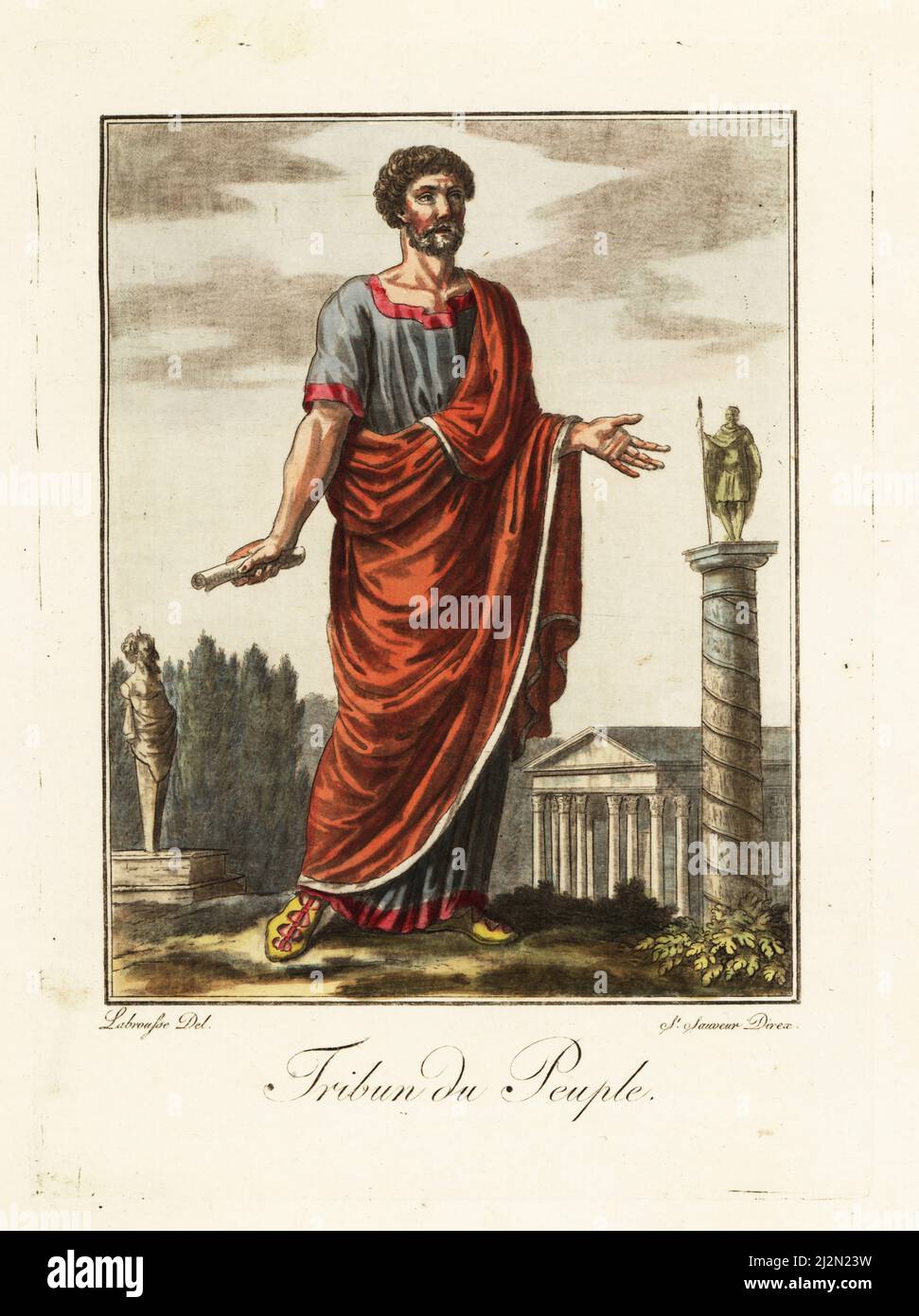 Costume of a Tribunus plebis, ancient Rome. Tribune of the people wearing a crimson toga, tunic and sandals. Temple, column and statues in the background. Tribun du Peuple. Handcoloured copperplate drawn and engraved by L. Labrousse, artist of Bordeaux, under the direction of Jacques Grasset de Saint-Sauveur from his L’antique Rome, ou description historique et pittoresque, Ancient Rome, or historical and picturesque description, Chez Deroy, Paris, 1796. Stock Photo