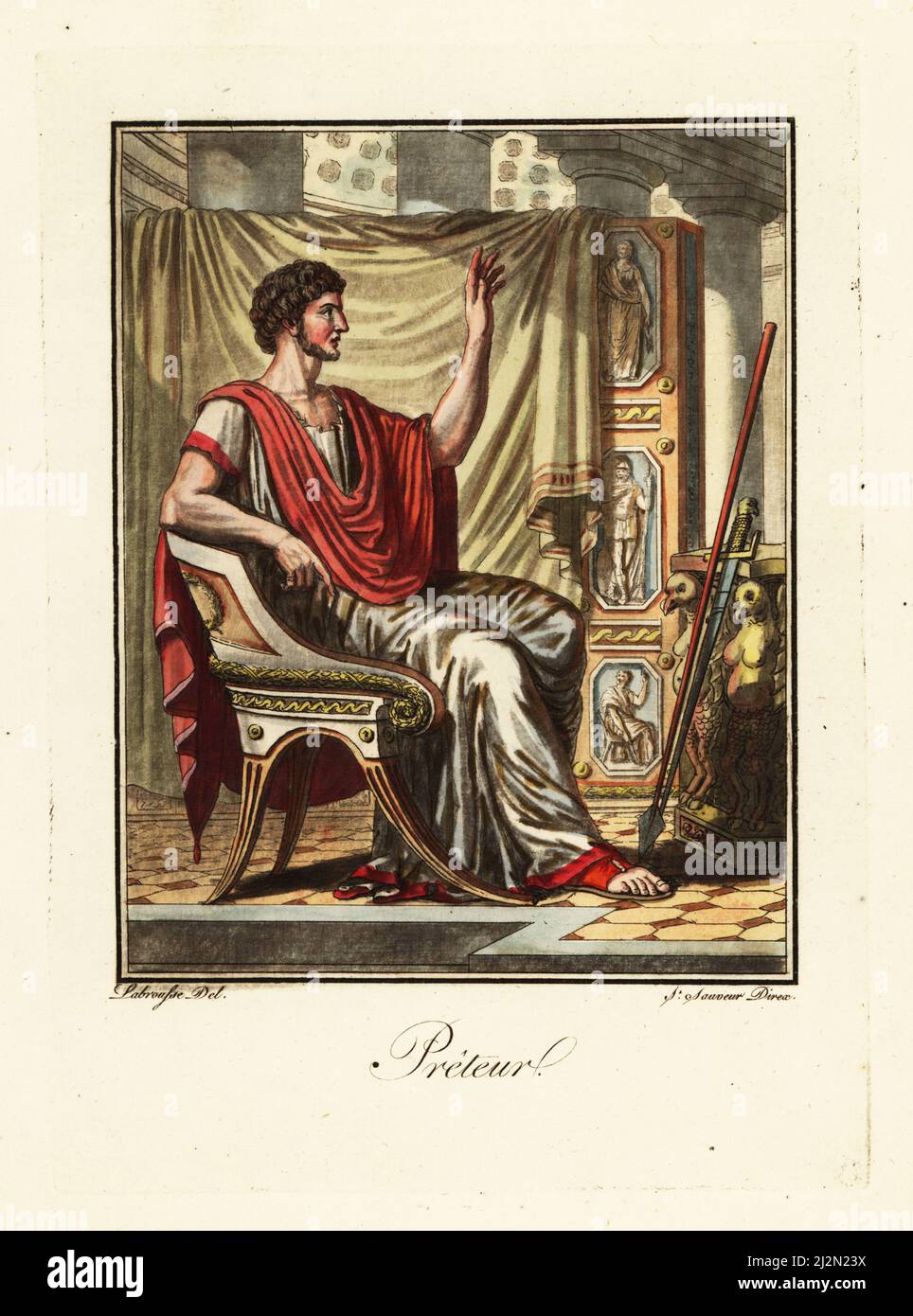 Costume of a praetor or magistrate, ancient Rome. In toga, tunic and sandals, seated on a chair in a room decorated with screen, spear, sword, carved table. Preteur. Handcoloured copperplate drawn and engraved by L. Labrousse, artist of Bordeaux, under the direction of Jacques Grasset de Saint-Sauveur from his L’antique Rome, ou description historique et pittoresque, Ancient Rome, or historical and picturesque description, Chez Deroy, Paris, 1796. Stock Photo