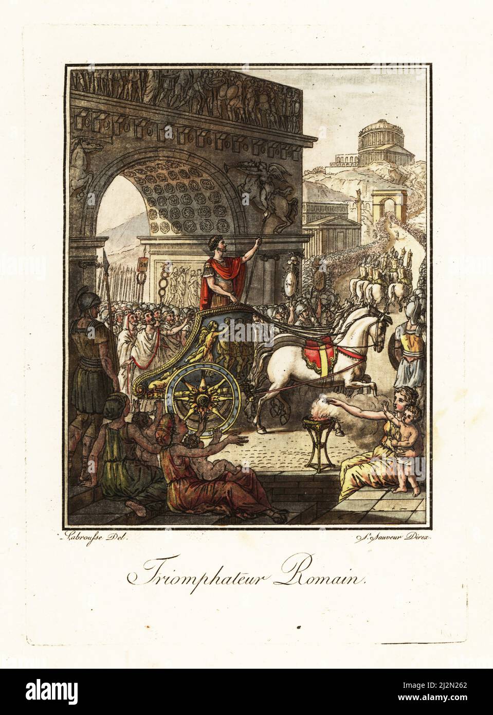 Triumphator receiving a triumph in ancient Rome. A military commander in armour and paludamentum rides a four-horse chariot or quadriga under an arch in front of legionaries with signifers. The parade passes through the city in front of huge crowds. Triomphateur Romain. Handcoloured copperplate drawn and engraved by L. Labrousse, artist of Bordeaux, under the direction of Jacques Grasset de Saint-Sauveur from his L’antique Rome, ou description historique et pittoresque, Ancient Rome, or historical and picturesque description, Chez Deroy, Paris, 1796. Stock Photo