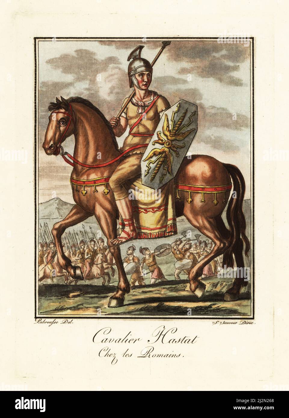 Roman hastatus or mounted lancer, ancient Rome. Mounted on a horse, wearing galea helmet, tunic, baldric belt, sagulum gregale or short trousers. Armed with shield and spear. In the background, a cohort of lancers in battle. Cavalier Hastat chez les Romains. Handcoloured copperplate drawn and engraved by L. Labrousse, artist of Bordeaux, under the direction of Jacques Grasset de Saint-Sauveur from his L’antique Rome, ou description historique et pittoresque, Ancient Rome, or historical and picturesque description, Chez Deroy, Paris, 1796. Stock Photo