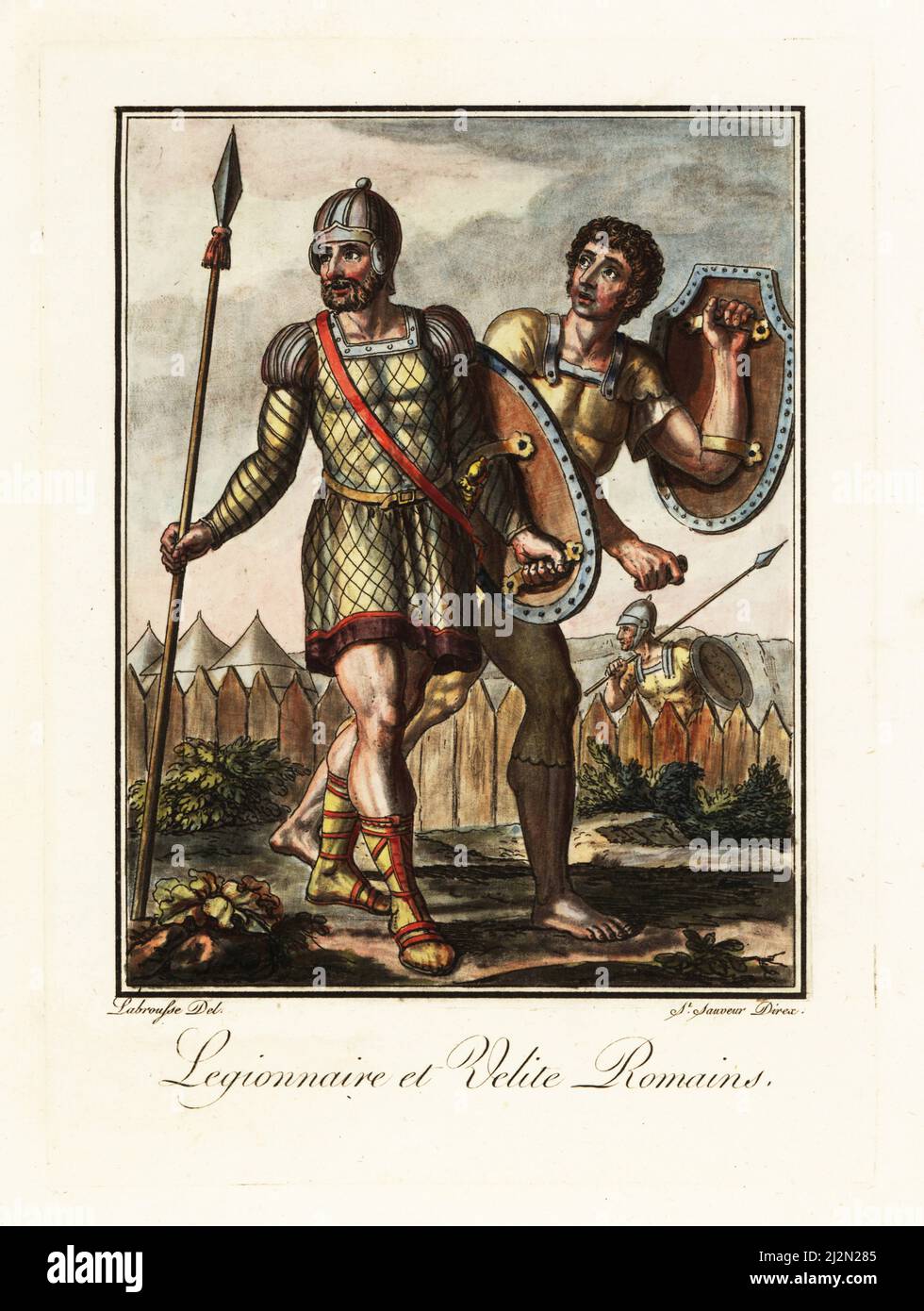 Roman legionary and veles, ancient Rome. The soldier in galea helmet, tunic, caligae hobnail sandals, armed with pilum or javelin and oval shield. Skirmisher in tunic, sagulum gregale or short trousers, barefoot with shield. Legionnaire et Velite Romains. Handcoloured copperplate drawn and engraved by L. Labrousse, artist of Bordeaux, under the direction of Jacques Grasset de Saint-Sauveur from his L’antique Rome, ou description historique et pittoresque, Ancient Rome, or historical and picturesque description, Chez Deroy, Paris, 1796. Stock Photo