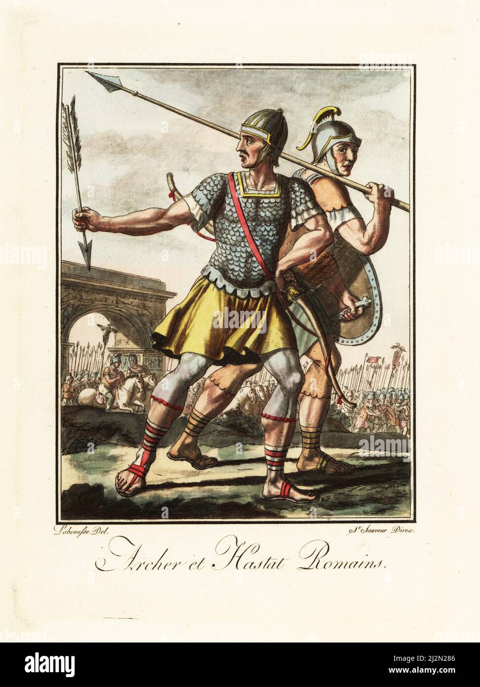 Roman archer sagittarius and spearman hastatus, ancient Rome. Bowman in galea helmet, lorica squamata or scale armour breastplate, tunic, sagulum gregale or short trousers, caligae hobnail sandals, armed with bow and arrow. Lancer armed with oval shield and spear. In the background a triumphal parade. Archer et Hastat Romains. Handcoloured copperplate drawn and engraved by L. Labrousse, artist of Bordeaux, under the direction of Jacques Grasset de Saint-Sauveur from his L’antique Rome, ou description historique et pittoresque, Ancient Rome, or historical and picturesque description, Chez Deroy Stock Photo