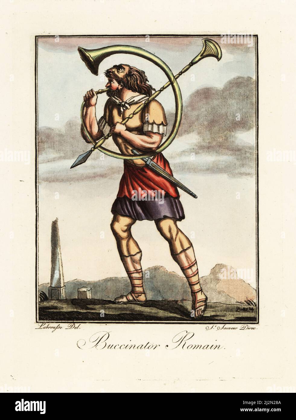 Buccinator or hornplayer in the Roman army, ancient Rome. He wears a lion-skin headdress, tunic, sagulum gregale or short trousers and sandals. He blows the buccina and is armed with gladius sword and pilum spear. A broken obelisk behind. Buccinator Romain. Handcoloured copperplate drawn and engraved by L. Labrousse, artist of Bordeaux, under the direction of Jacques Grasset de Saint-Sauveur from his L’antique Rome, ou description historique et pittoresque, Ancient Rome, or historical and picturesque description, Chez Deroy, Paris, 1796. Stock Photo