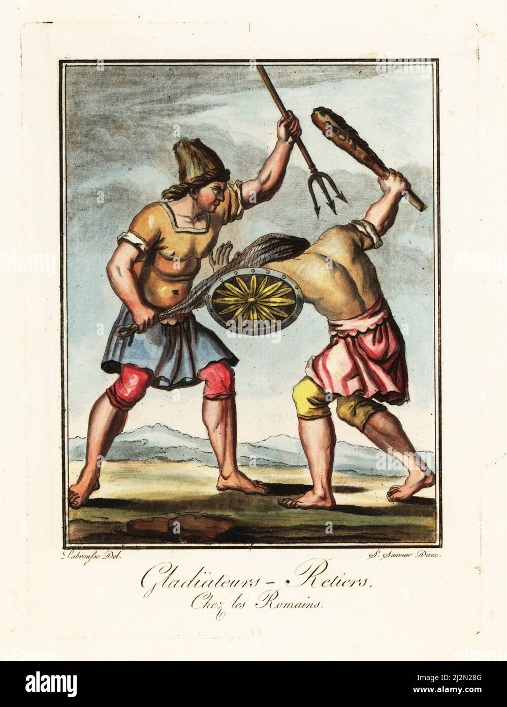 A battle between gladiators in the circus, ancient Rome. A retiarius with net and trident fights a secutor armed with cudgel and shield. Both wear skirts and short trousers or sagulum gregale. Gladiateurs: Retiers chez les Romains. Handcoloured copperplate drawn and engraved by L. Labrousse, artist of Bordeaux, under the direction of Jacques Grasset de Saint-Sauveur from his L’antique Rome, ou description historique et pittoresque, Ancient Rome, or historical and picturesque description, Chez Deroy, Paris, 1796. Stock Photo
