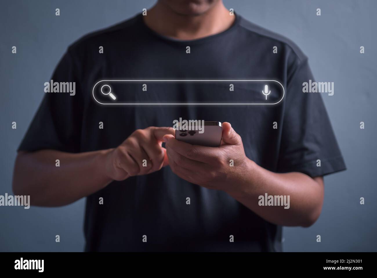 Technology Search Engine for Optimization Data Analysis Searching. Man's Hands Using Mobile Phone for Search Information on Device Online Network Syst Stock Photo
