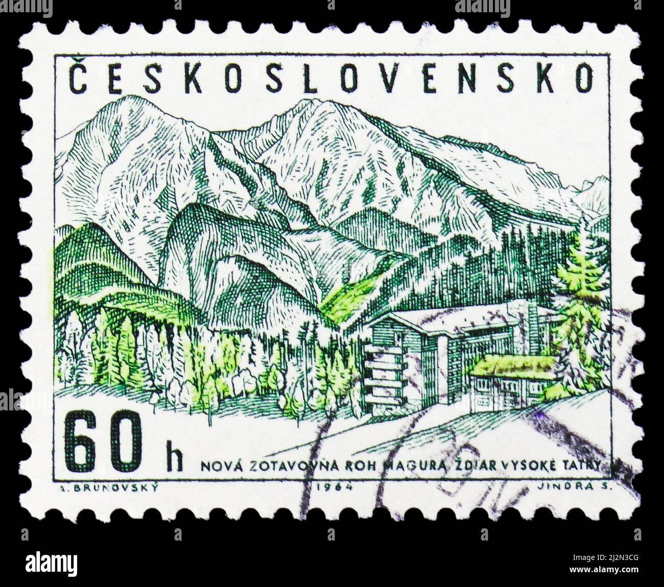 MOSCOW, RUSSIA - MARCH 13, 2022: Postage stamp printed in Czechoslovakia shows Magura hotel,Zdiar,High Tatra, Recreation ROH serie, circa 1964 Stock Photo