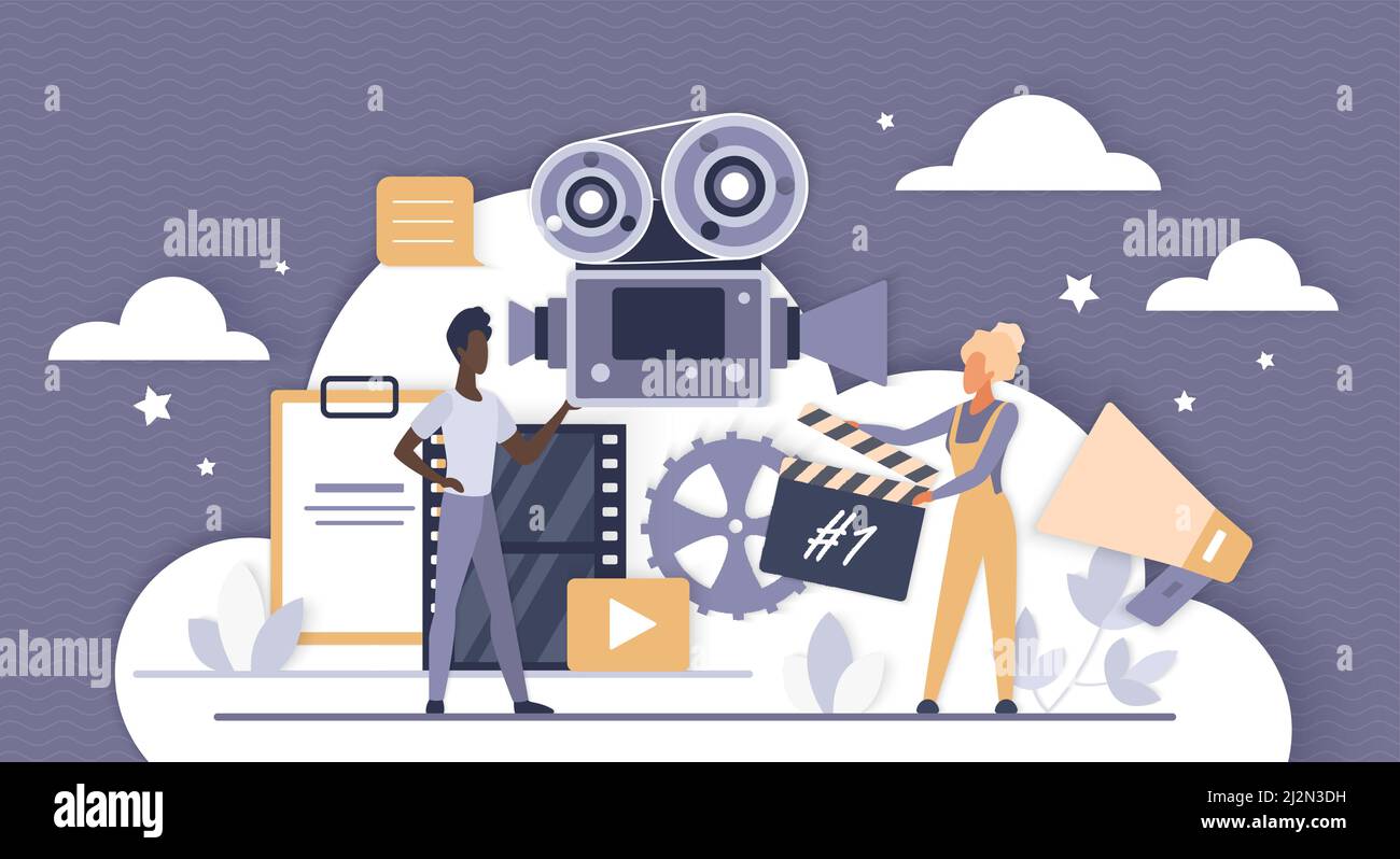 Cinema movie production. Team of tiny film director assistant with clapper and cameraman operator with camera making viral video content flat vector illustration. Cinematography, multimedia concept Stock Vector