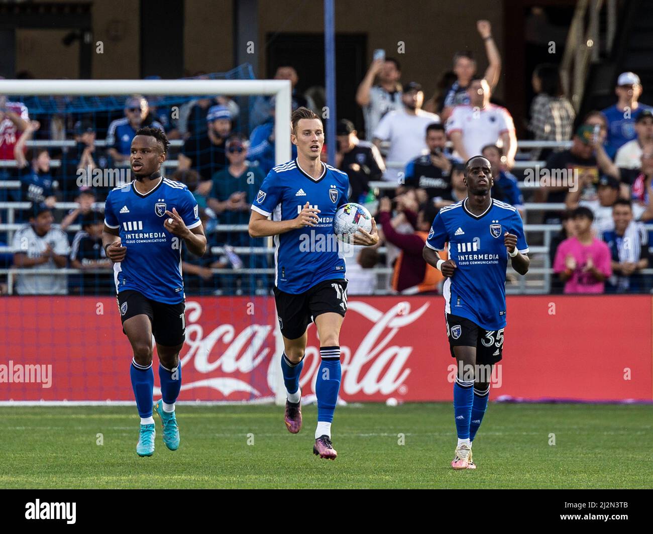 Santa Clara, California, USA. April 02, 2022 Santa Clara, CA USA San Jose forward Jeremy Ebobisse (11)San Jose midfielder JÃ¡n GreguÅ¡ (17)San Jose midfielder Jamiro Monteiro (35) runs up field after scoring a goal during the MLS game between Austin F.C. and the San Jose Earthquakes. Game ended in a 2-2 tie at PayPal Park San Jose Calif. Thurman James/CSM Stock Photo