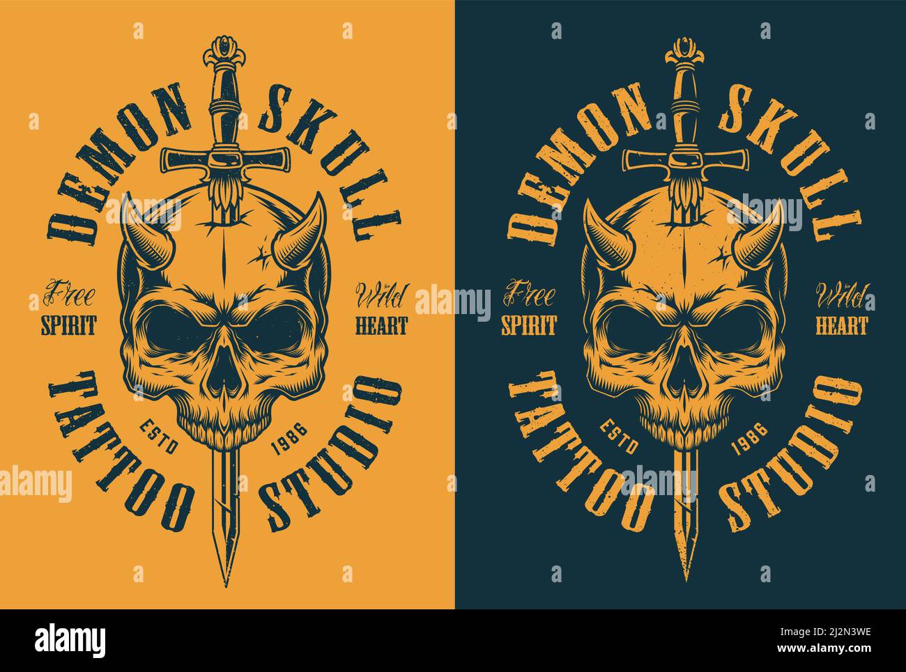 skull with horn and sword. Vector vintage illustration Stock Vector ...