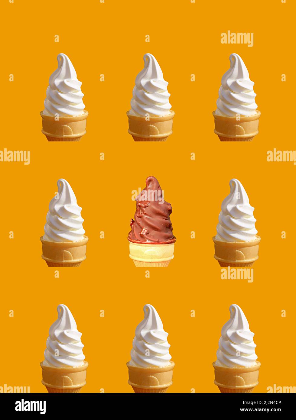 Two Types of Soft Serve Ice Cream Cones Lined Up on Vibrant Orange ...