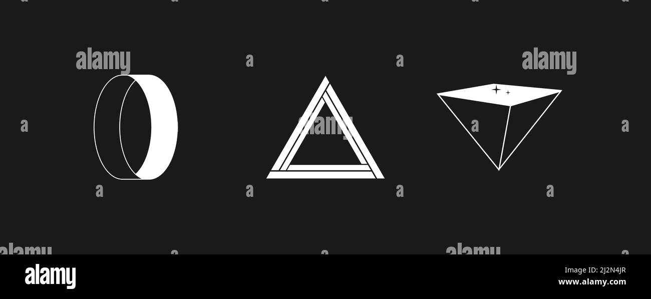 Set of retrowave design elements. Unreal ring, triangle, Linear style inverted pyramid with little stars. Pack of retrowave 1980s style design Stock Vector