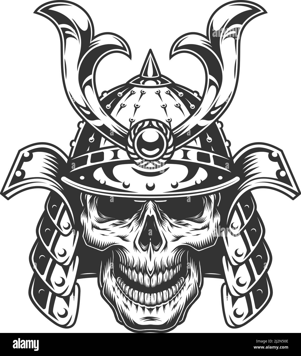 Skull in samurai helmet. Vector vintage illustration Stock Vector