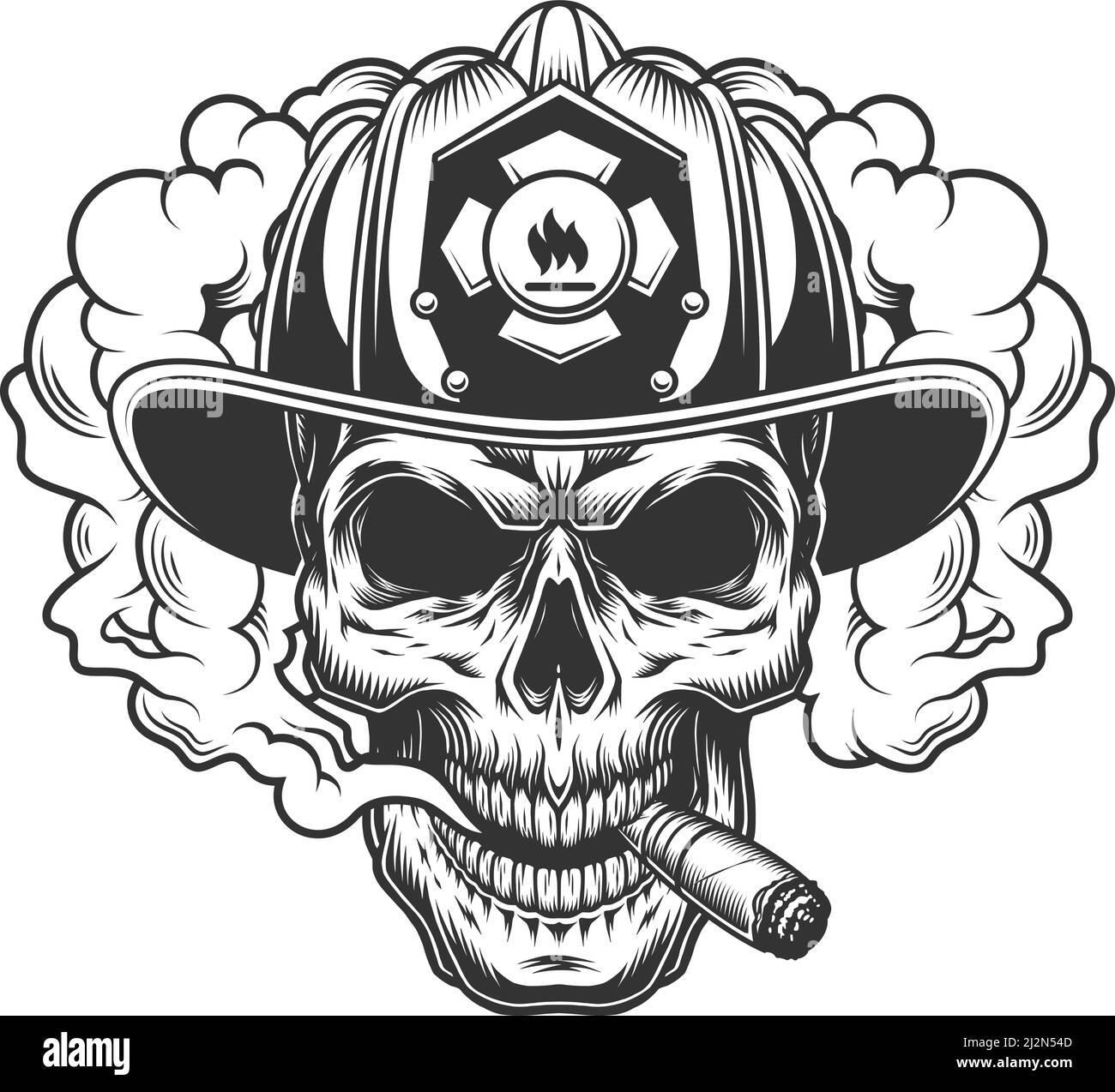 Skull in smoke cloud and firefighter helmet. Vector illustration Stock Vector