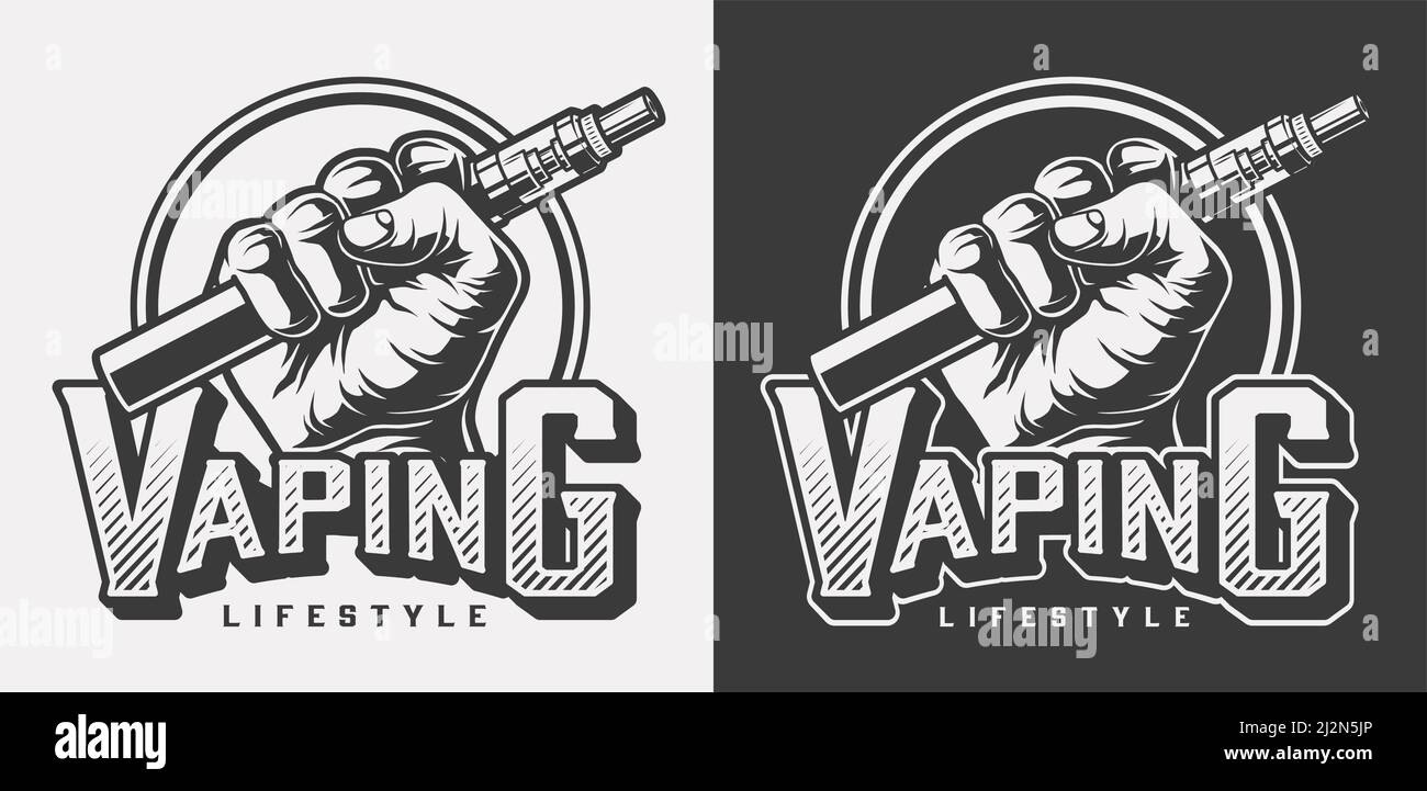 Vintage vaping monochrome labels with inscription and hand holding vape isolated vector illustration Stock Vector