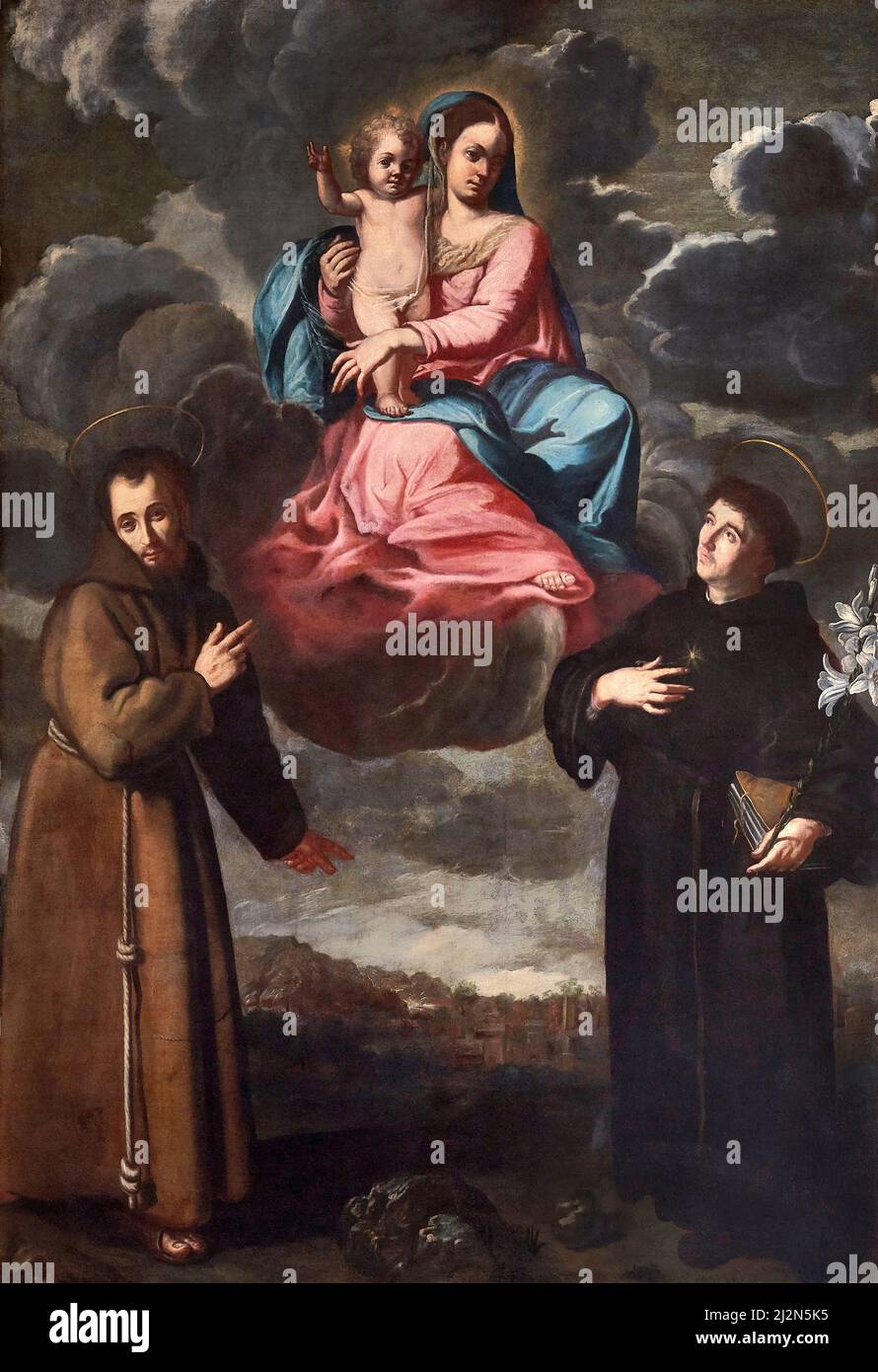 Madonna with Child with St.Francis by Assisi and St. Nicola by Tolentino  - oil on canvas  -  emilian painter of 17th century   - Luzzara (Re),Italy, Stock Photo