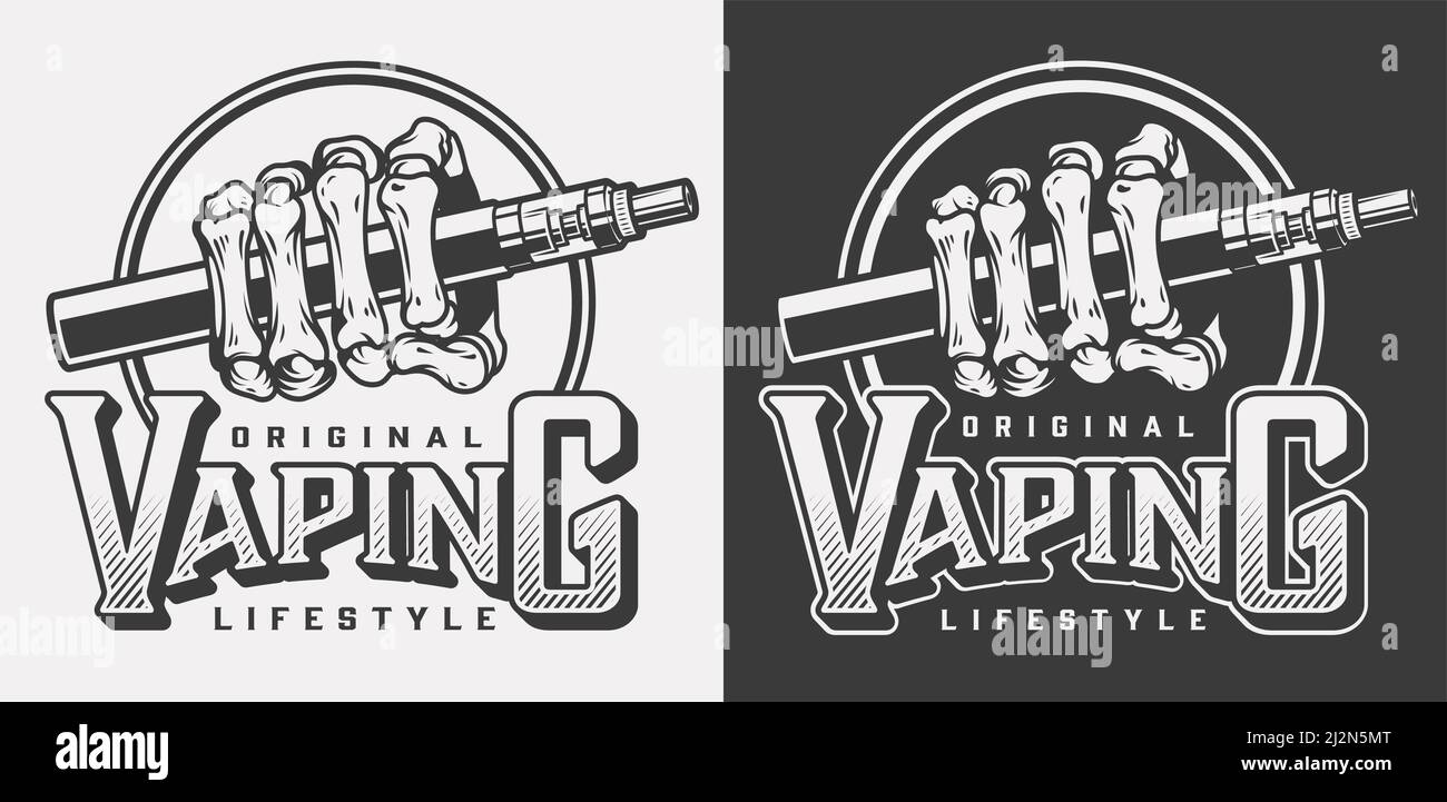 Vintage vaping logotypes with letterings and skeleton hand holding vape in monochrome style isolated vector illustration Stock Vector