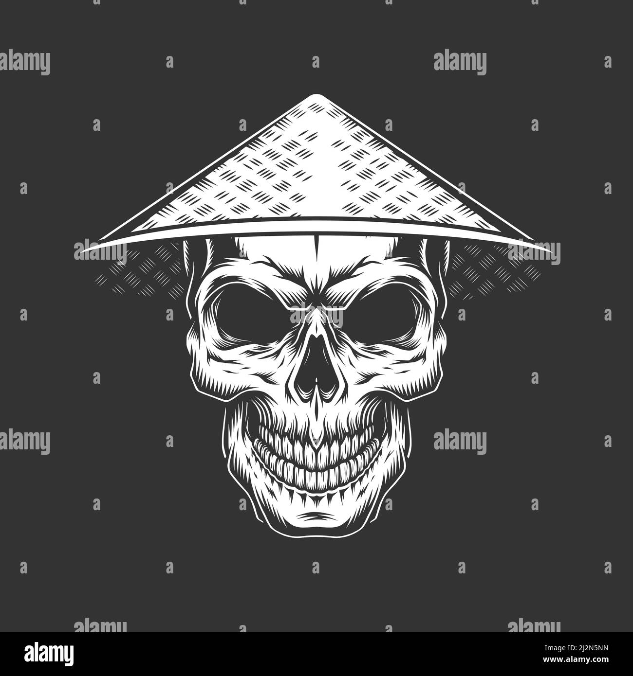 Vintage monochrome skull in chinese hat isolated vector illustration ...