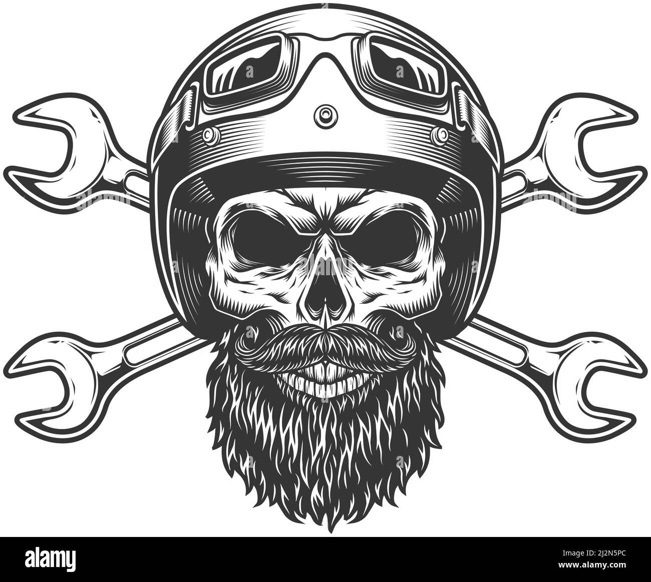 Motorcycle rider skull in moto helmet with beard mustache and crossed ...