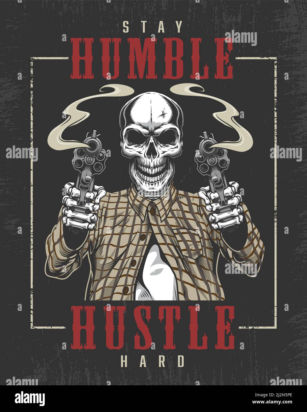 Skeleton gangster with guns in t-shirt. Vector illustration Stock
