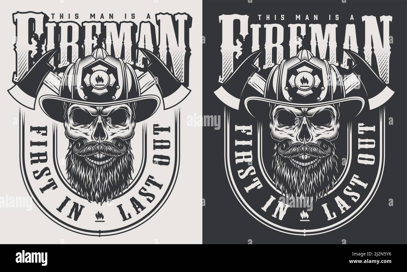 Vintage firefighter emblems with crossed axes and bearded skull wearing ...