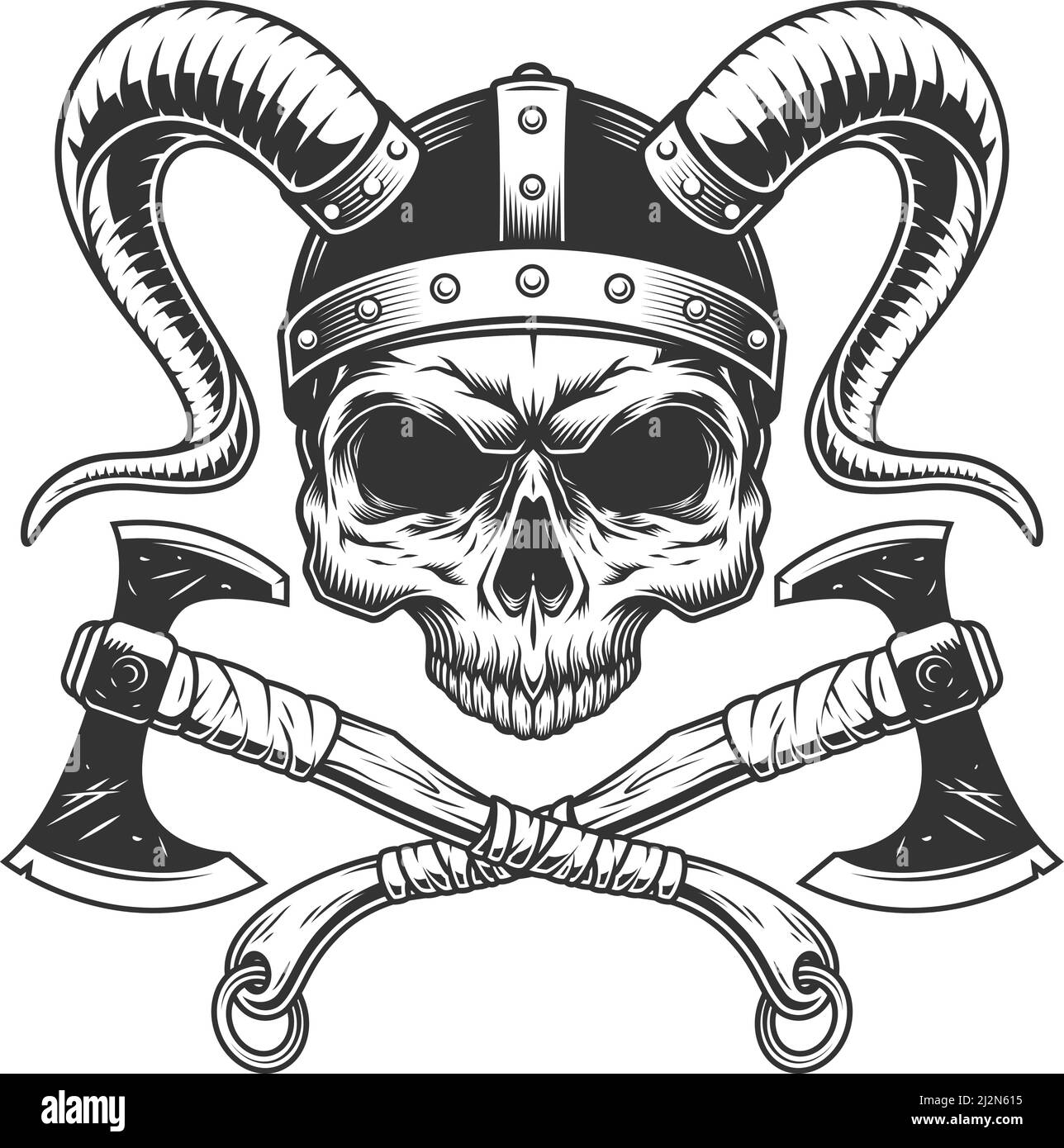 Vintage viking skull without jaw in horned helmet and crossed axes in monochrome style isolated vector illustration Stock Vector