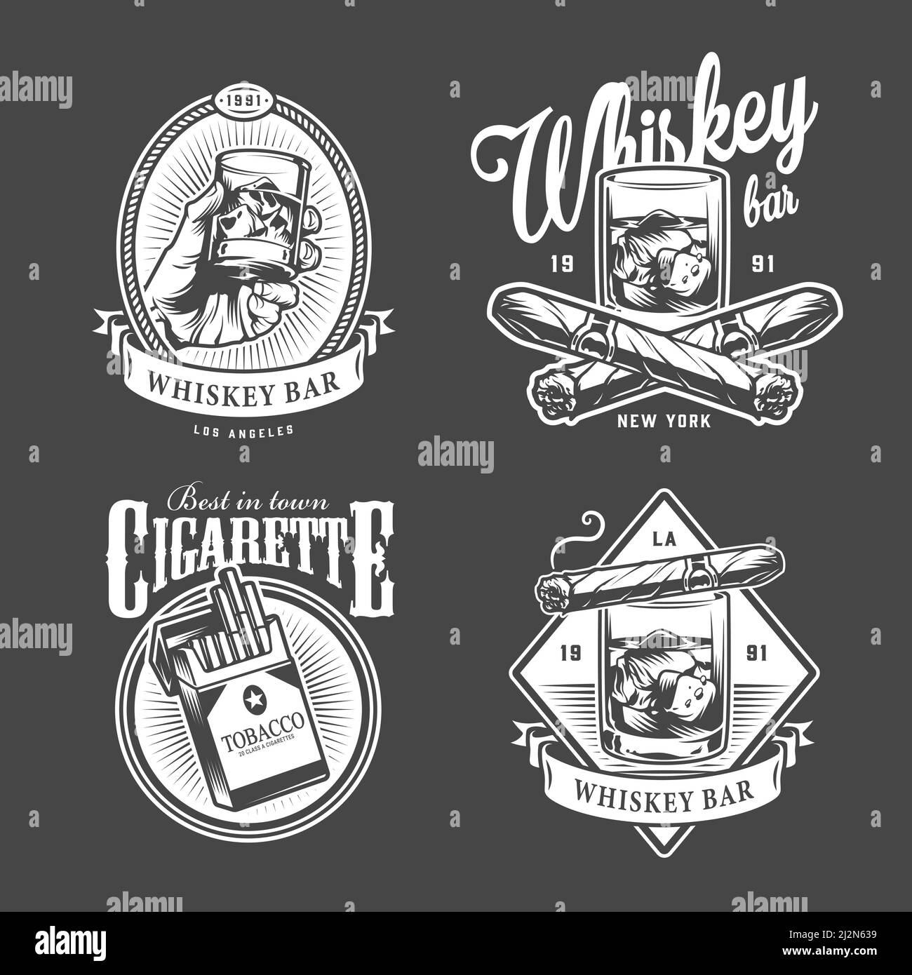 Vintage men's club logotypes with inscriptions glasses of whisky cigars cigarette pack in monochrome style isolated vector illustration Stock Vector