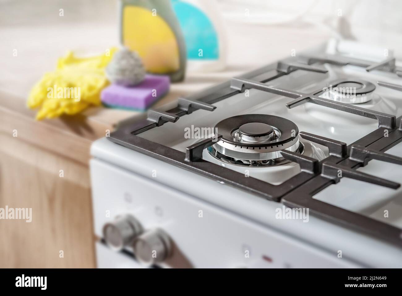 Cleaning of kitchen surfaces. Cleaning products are ready to clean the