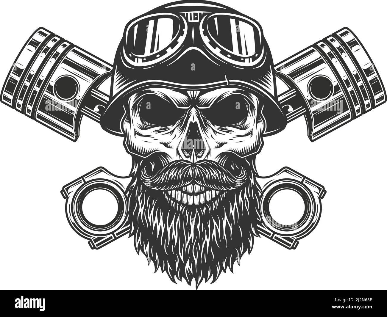 Vintage monochrome biker skull in motorcycle helmet and goggles and ...