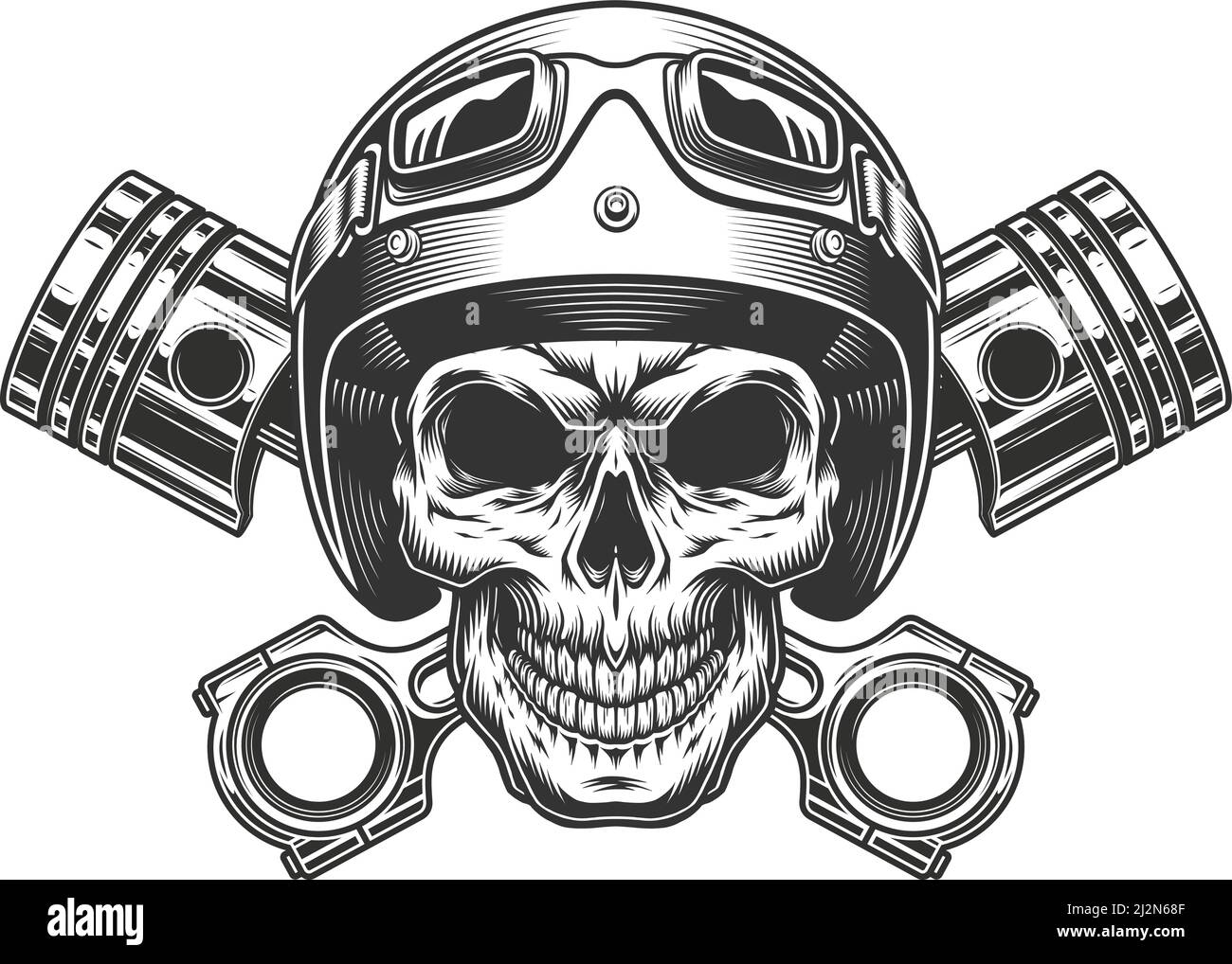 Vintage monochrome motorcyclist skull wearing moto helmet goggles and crossed engine pistons isolated vector illustration Stock Vector