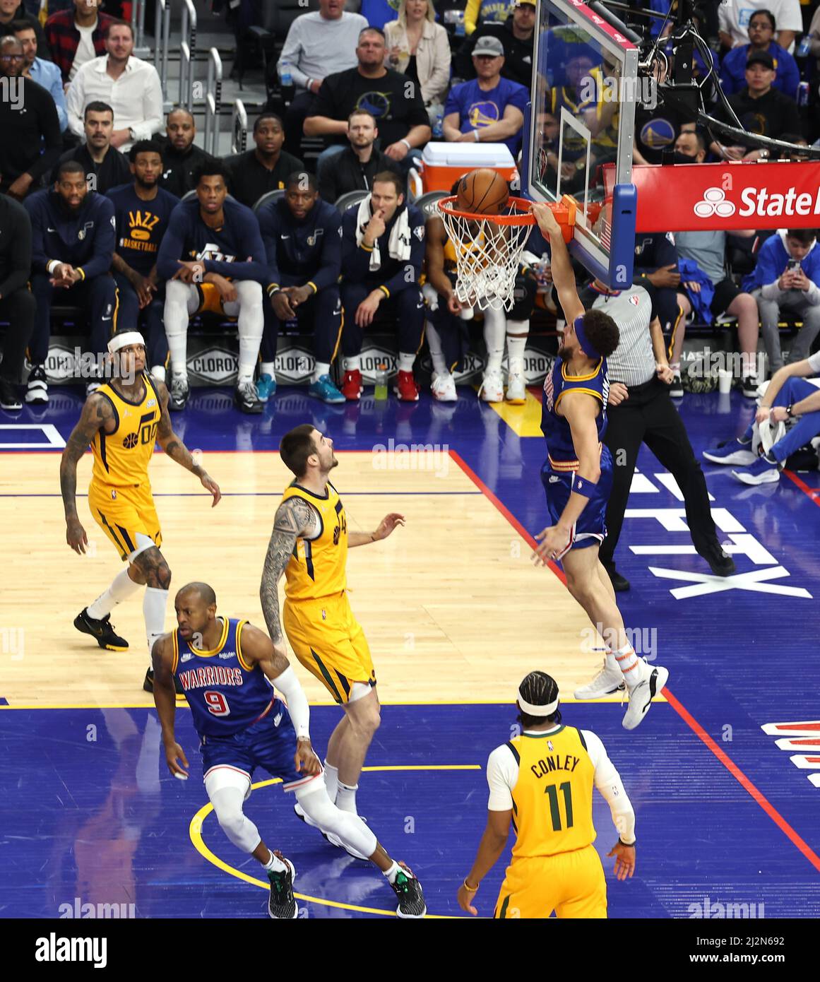 San Francisco, Chase Centre 2nd April 2022: A tense moment during the match  between Golden State Warriors Vs Utah Jazz. Jorden Poole takes a goal.  Golden Stare Warriors won by 111-107 during