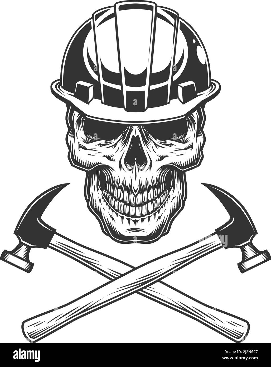 Vintage builder skull with crossed hammers in monochrome style isolated