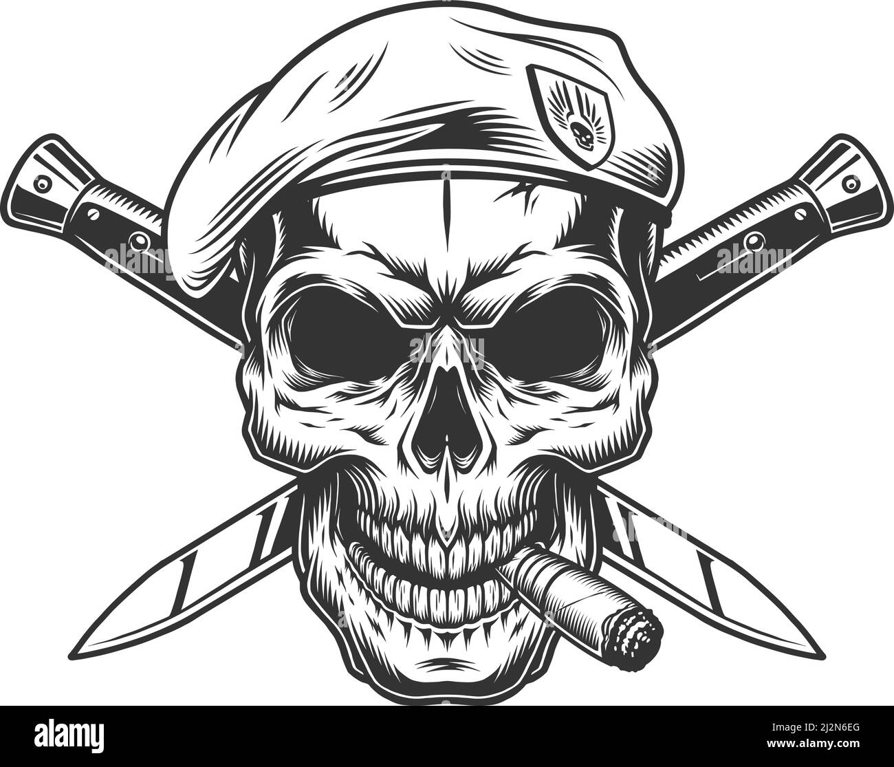 Vintage monochrome soldier skull in beret with cigar and crossed knives  isolated vector illustration Stock Vector Image & Art - Alamy
