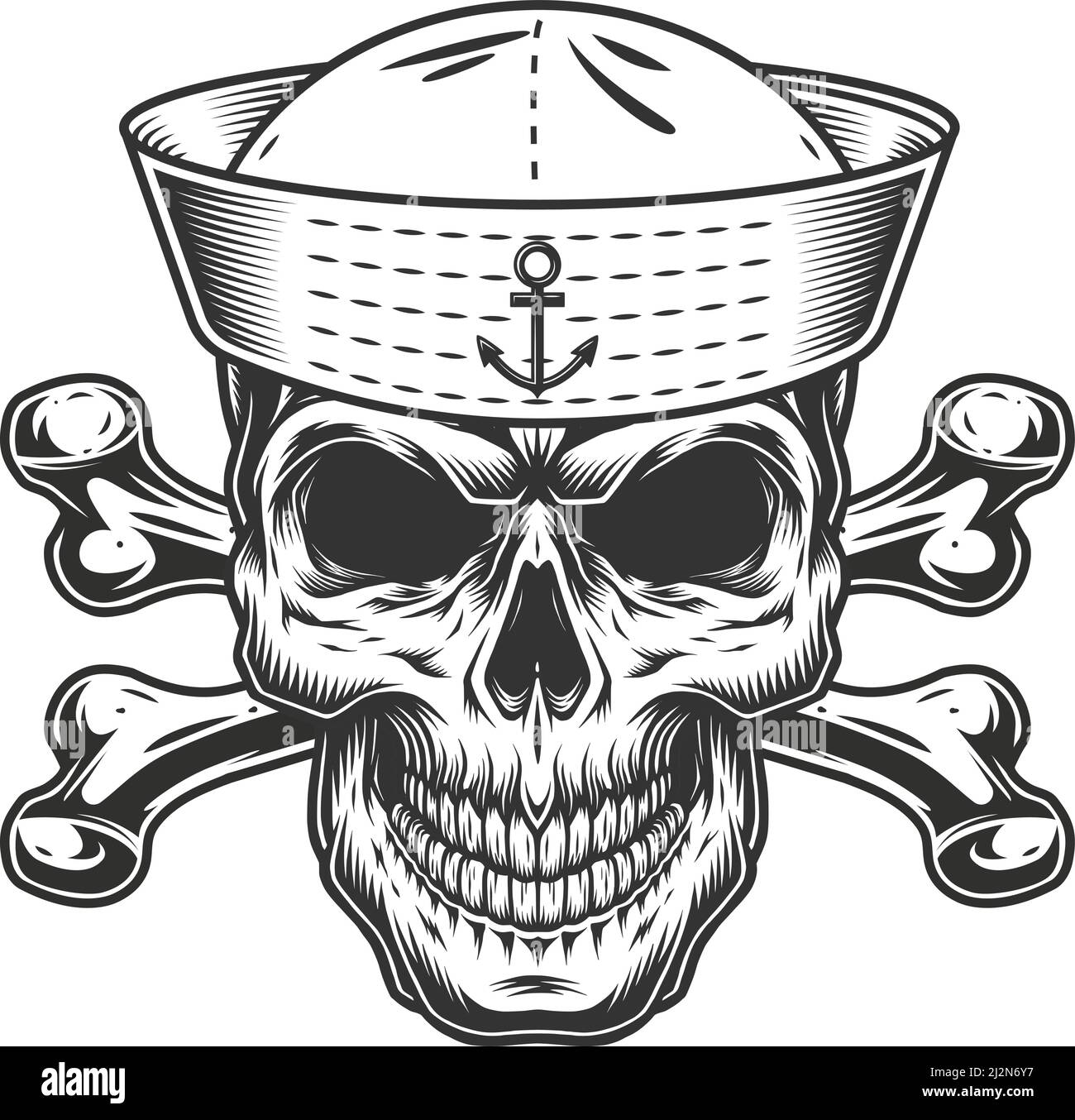 Vintage monochrome skull in sailor hat with crossbones isolated vector