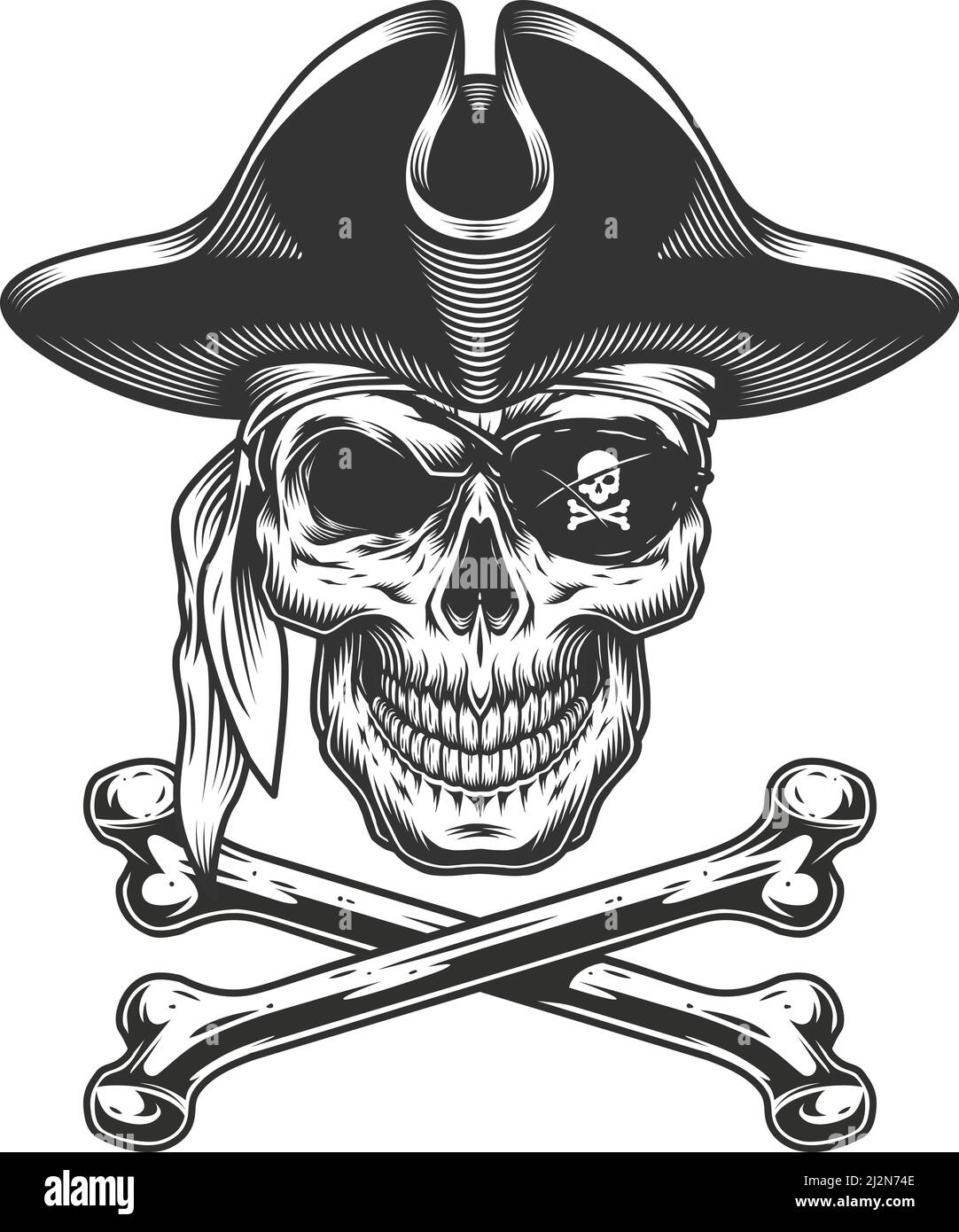 Vintage skull in pirate hat with eye patch and crossbones isolated ...