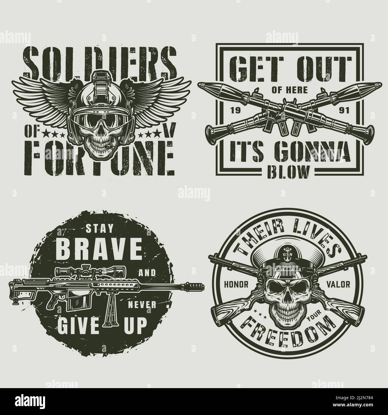 Vintage military and army emblems with soldier skull in modern winged ...