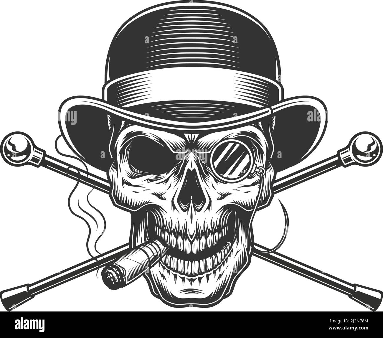 Vintage gentleman skull smoking cigar with rimless eyeglasses and crossed walking canes isolated vector illustration Stock Vector