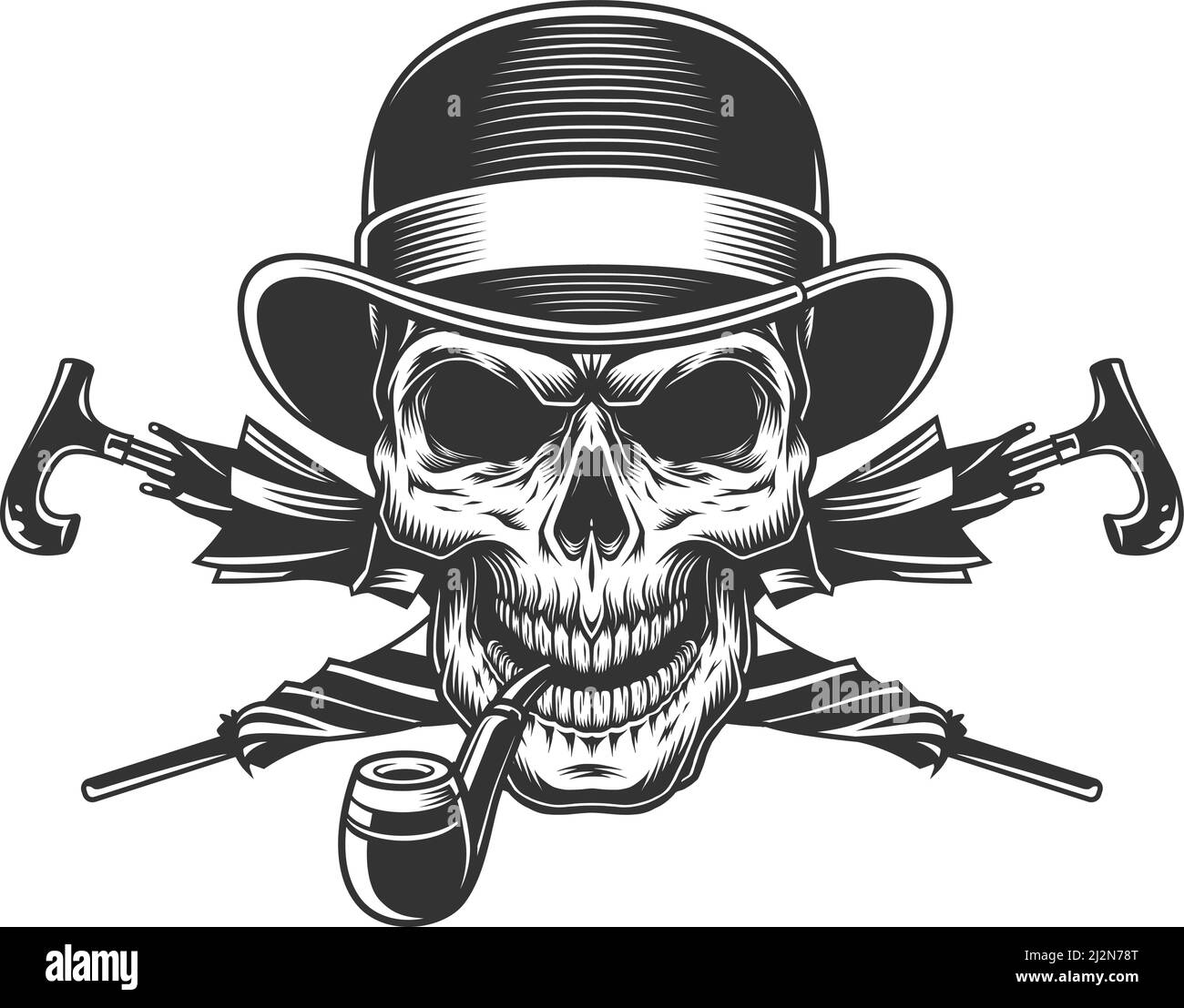 Vintage gentleman skull in fedora hat smoking pipe with crossed umbrellas isolated vector illustration Stock Vector