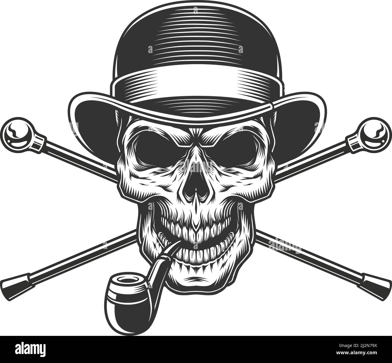 Vintage gentleman skull in fedora hat with smoking pipe and crossed walking canes isolated vector illustration Stock Vector