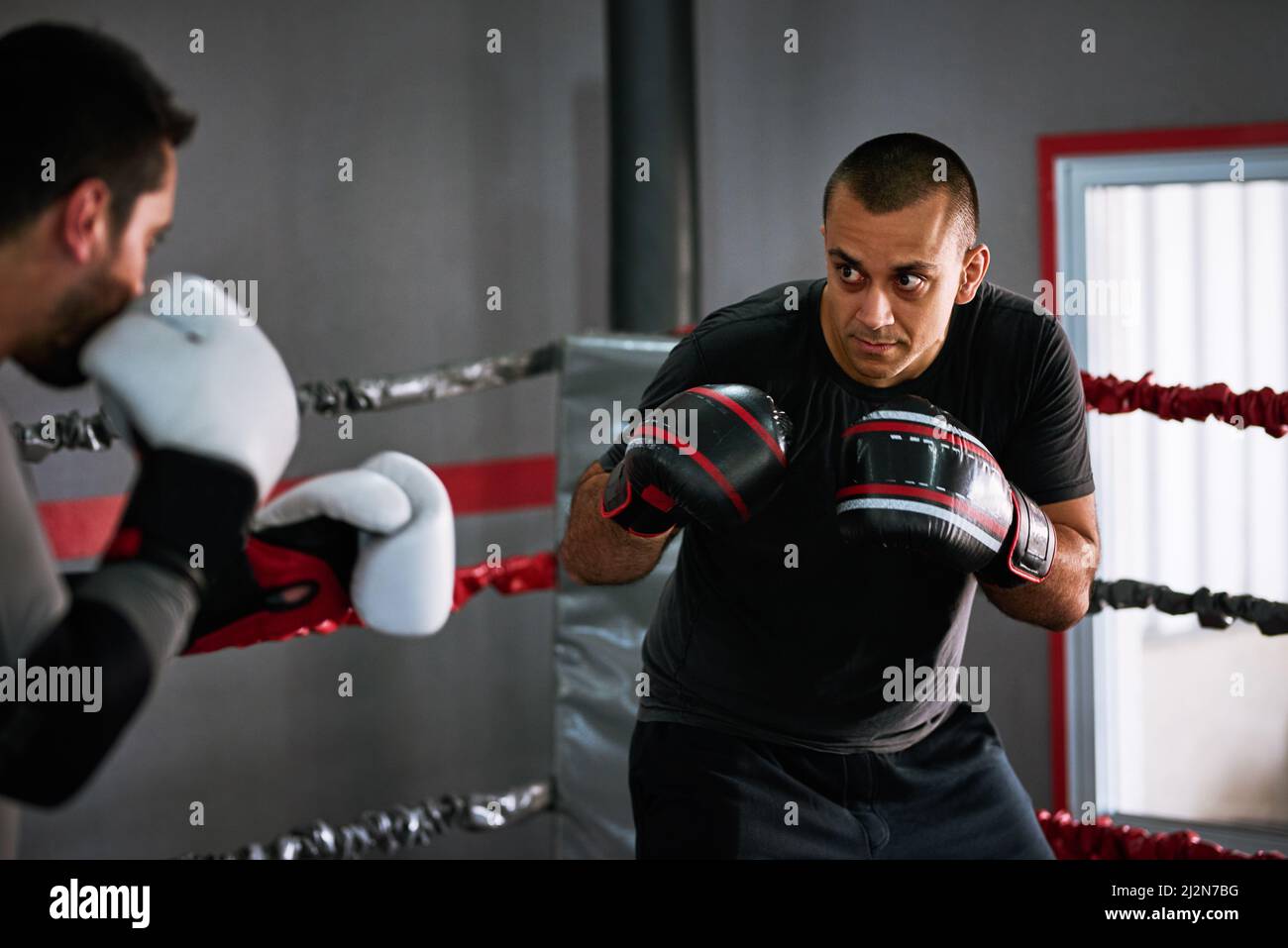 Simulating real fighting situations. Cropped shot of two young male athletes sparring in a boxing ring. Stock Photo